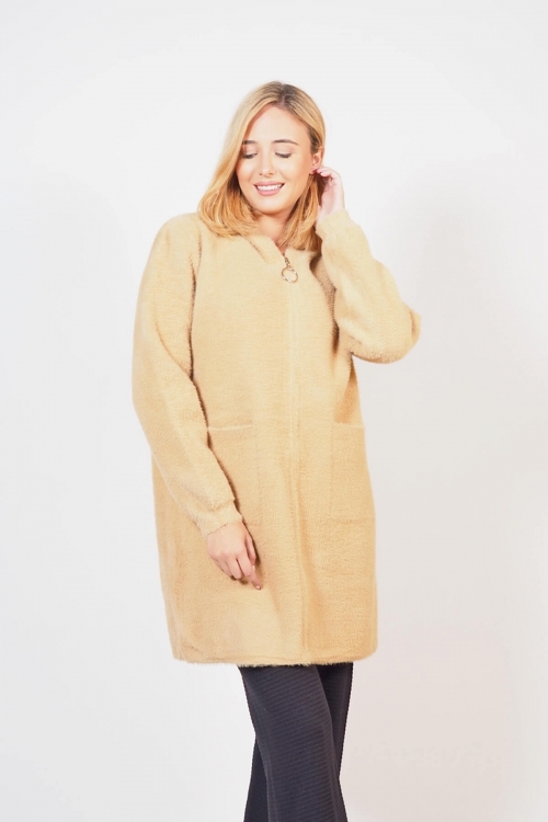 Soft fluffy cardigan coat with zipper and pockets